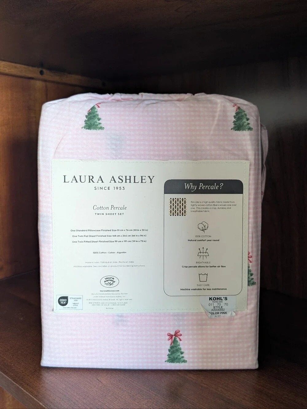 Laura Ashley Preppy Pink Gingham Christmas Tree Twin Sheet Set NEW Cottagecore